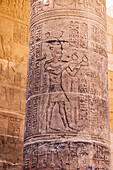 Agilkia-Insel, Assuan, Ägypten. Schnitzereien an einer Säule im Philae-Tempel, einem UNESCO-Weltkulturerbe.