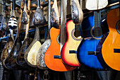 Fes, Morocco. Traditional musical instruments for sale at a music shop in the medina.