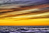 Das goldene Licht der untergehenden Sonne reflektiert einen goldenen Schimmer auf dem Strand von Pererenan Beach, Bali, Indonesien