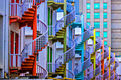 Singapore. Colorful staircases in Little India section of city.