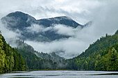 Canada, British Columbia, Inside Passage. Gilford Island ocean and mountain landscape.