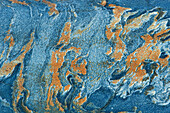 Canada, Manitoba, St. Lupicin. Close-up of rusted paint patterns on vintage car.