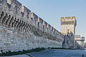 Mauern, die zum Schutz des Papstpalastes in der Stadt Avignon in der Provence, Frankreich, errichtet wurden. Während des 14. und 15. Jahrhunderts.