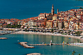 A high angle view of Menton, with local beaches and harbors. Provence Alpes Cote d'Azur, France.