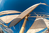 Looking up the at a mast and sails of a barquentine cruise ship. Deshaies, Basse Terre Island, Iles des Saintes, Guadeloupe, West Indies.