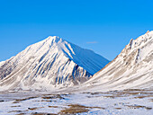 Coastal plain of Nordenskiold Coast. Landscape in Van Mijenfjorden National Park, (former Nordenskiold National Park), Island of Spitsbergen. Arctic region, Scandinavia, Norway, Svalbard