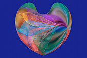 Multi-colored skeleton leaves arranged in heart-shape on blue background