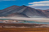 A landscape of the Andes Mountains and the Salar de Talar salt flat, at an altitude of 4,000 meters above sea level. Salar de Talar, Atacama Desert, Antofagasta Region, Chile.