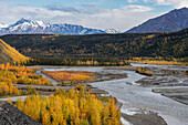 USA, Alaska, Chugach National Forest. Autumn landscape with mountains and Matanuska River.