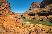 USA, Arizona, Grand Canyon National Park. Moored rafts on Colorado River.