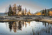 USA, Colorado, Uncompahgre National Forest. Pond reflections on frosty sunrise.