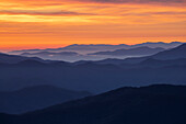 Spring sunrise view of mountains and mist, from Clingmans Dome area, Great Smoky Mountains National Park, North Carolina