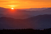 Frühlings-Sonnenaufgang mit Blick auf Berge und Nebel, vom Clingmans Dome-Gebiet aus, Great Smoky Mountains National Park, North Carolina