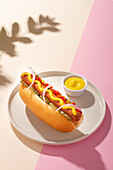 From above an appetizing hot dog in a round plate on a white and pink background