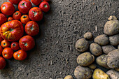 Top view closeup of a pile of red tomatoes and potatoes on the ground
