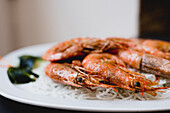 Prepared appetizing prawns in restaurant