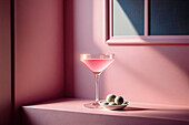 Seitenansicht eines rosafarbenen Cocktailglases auf einem Tisch in einem luxuriösen rosa Interieur. Generative KI