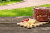 Köstlicher italienischer Pecorino toscano-Käse mit Kirschtomaten auf einem Schneidebrett auf einem Holztisch im Garten