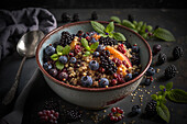 Appetitliche frische Blaubeeren und Brombeeren mit Minzblättern und Quinoa-Samen in einer Schale neben einem Löffel