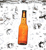Brown glass bottle of refreshing beer among transparent ice cubes and drips on white background