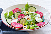 Leckerer vegetarischer Salat mit Gurke und Roter Bete mit grünen Blättern und Eiern mit Mais in einer Schüssel auf dem Tisch