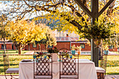 Spacious veranda with plates wineglasses and cutlery placed on tables decorated with fresh flowers for wedding celebration