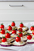 From above of yummy appetizers with fresh eggplants mozzarella whole cherry tomatoes olive oil and onion