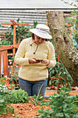 Serious female searching information on mobile phone while standing near garden bed in agricultural village