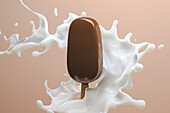 Side view of a chocolate ice cream surrounded by a splash of milk