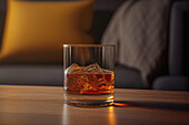 Front view of a glass of whiskey on a wooden table next to a sofa. Generative AI