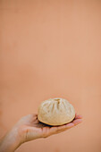 Hands of middle aged holding steamed baozi against plain background