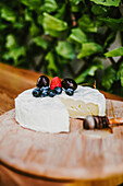 Fresh Camembert cheese under ripe blueberries and cherry on wooden board with honey dipper
