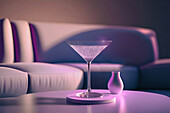Seitenansicht eines fliederfarbenen Cocktailglases auf einem Tisch in einem luxuriösen fliederfarbenen Interieur. Generative KI