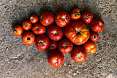 Nahaufnahme eines Stapels roter Tomaten auf dem Boden von oben