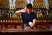 Young Asian bartender pouring vodka in the shaker while preparing a cocktail in the bar
