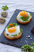 From above of appetizing canapes with crispy bread and fried quail eggs decorated with herbs and caviar served on gray board