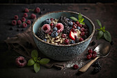 Appetizing fresh blueberries and blackberries served with mint leaves and quinoa seeds in bowl near spoon