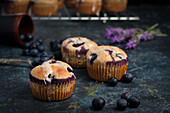 Süße hausgemachte Muffins mit Sahne und Blaubeeren in der Nähe eines Löffels mit Minzblatt und Blume, die für das Dessert vorbereitet sind