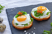From above of appetizing canapes with crispy bread and fried quail eggs decorated with herbs and caviar served on gray board