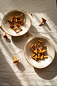 High angle of chanterelle mushroom on bowl placed on table at sunlight in countryside home