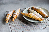 Freshly baked homemade pastry cones filled with sweet jam, dusted with powdered sugar, served on a ceramic plate with a cooling rack on a grey countertop