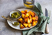 Crispy roasted potatoes on a ceramic plate with a side of green pesto, accompanied by silverware and a green napkin, with a textured grey background