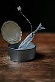 An artistic still life setup with a plastic bag creatively placed on a fork over an open tin can, symbolizing the intersection of food consumption and plastic waste