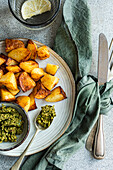 Close-up of crispy roasted potatoes with green pesto, cutlery, and green napkin on a plate, with a glass of water and lemon in the backdrop on a speckled grey surface