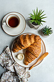 Top view of a breakfast scene with flaky croissants, a jar of honey, a cup of tea, and decorative potted succulents on a textured surface