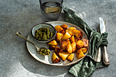 Crispy roasted potatoes on a ceramic plate with a side of green pesto, accompanied by silverware and a green napkin, with a textured grey background