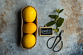 Three ripe lemons accompanied by green leaves displayed in a carton alongside a chalkboard label and vintage scissors on a textured backdrop