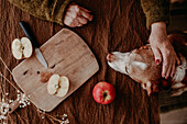 An affectionate moment in the kitchen, showcasing hands petting a dog next to a wooden cutting board with sliced apples