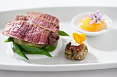 Grilled fillet of beef with minced vegetables and jelly