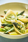 Asparagus and lemon pesto with mussel pasta